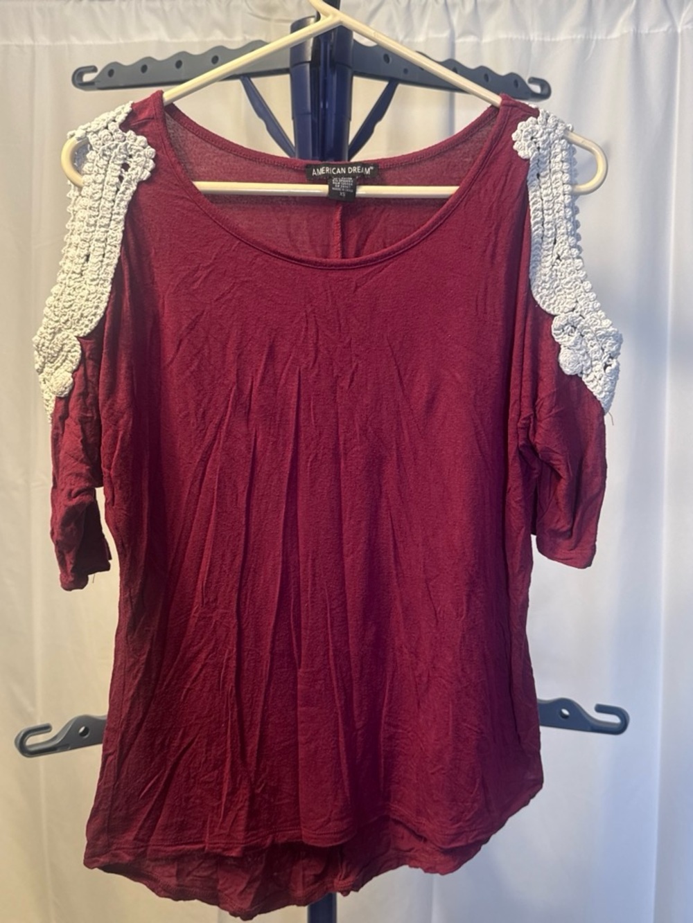 American Dream- Women’s Wine Cold-Shoulder Top with Crochet Detail